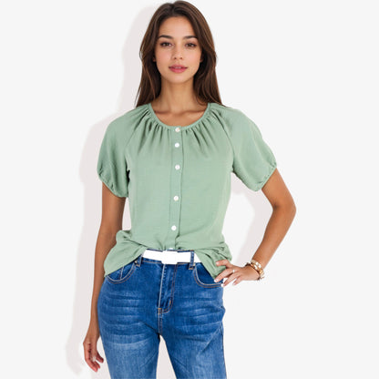 Women's Short Sleeve Button-Down V-Neck Casual Blouse