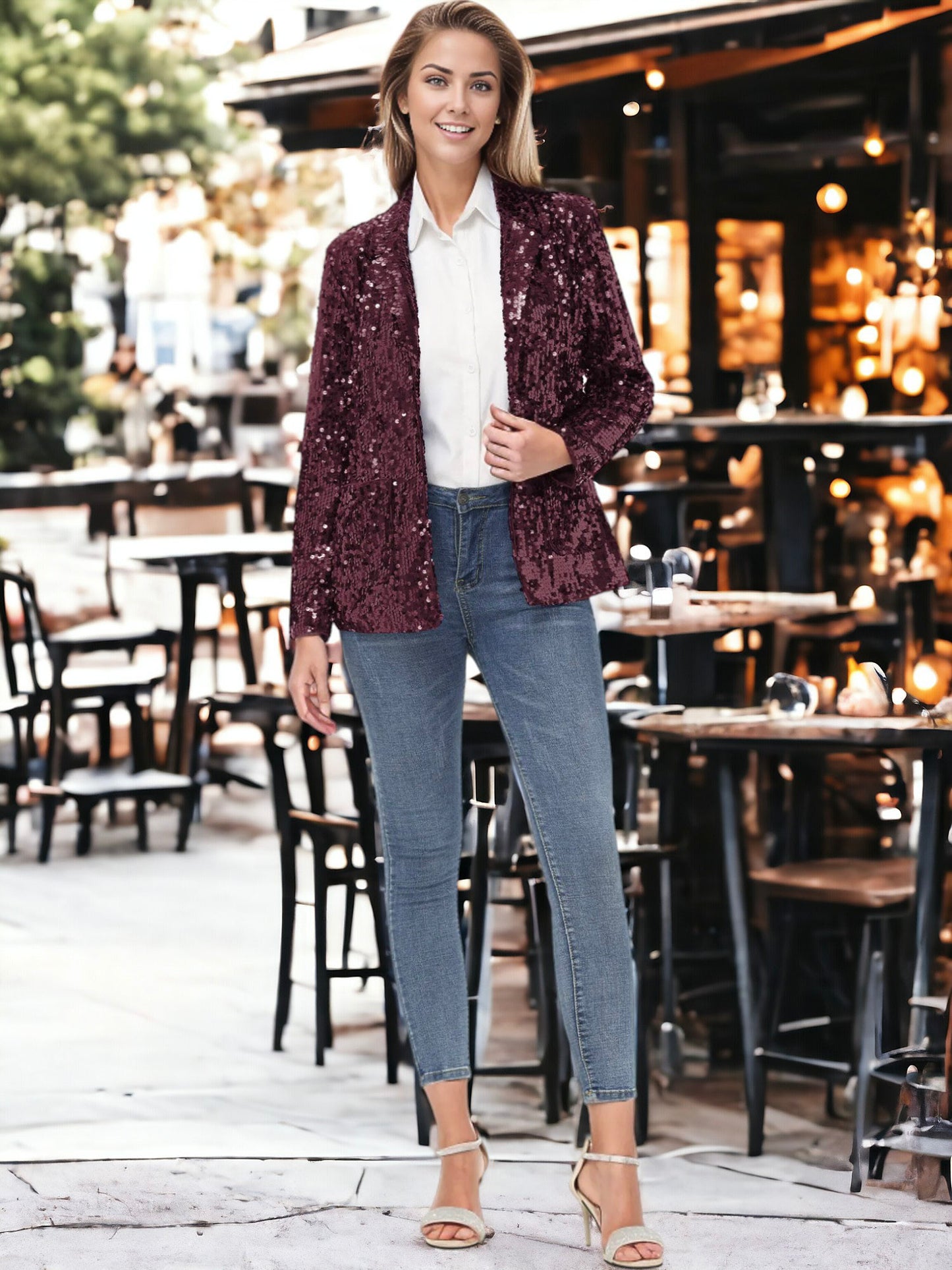 Chaqueta tipo blazer de fiesta con abertura frontal y mangas largas con purpurina