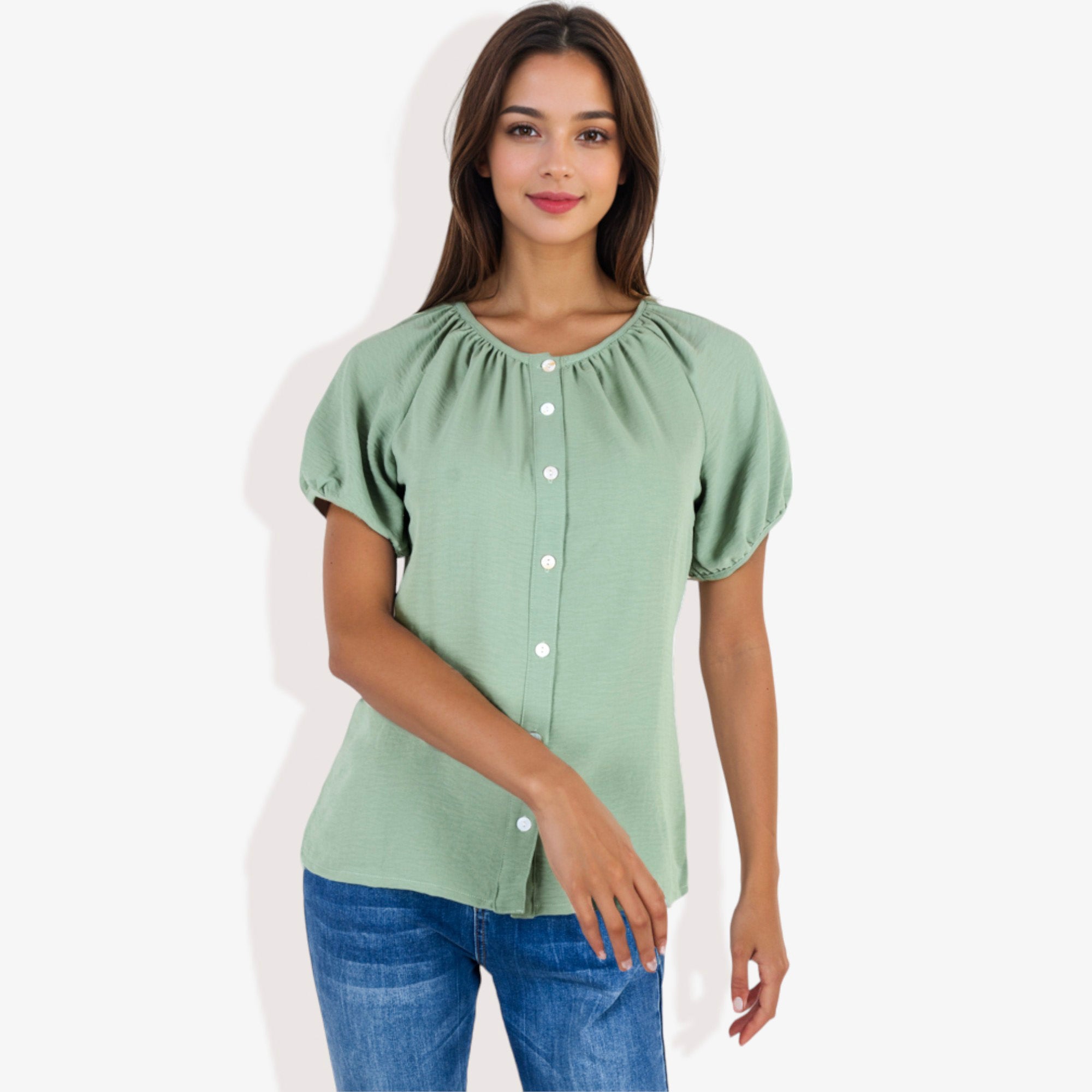 Blusa informal de cuello en V y manga corta con botones para mujer