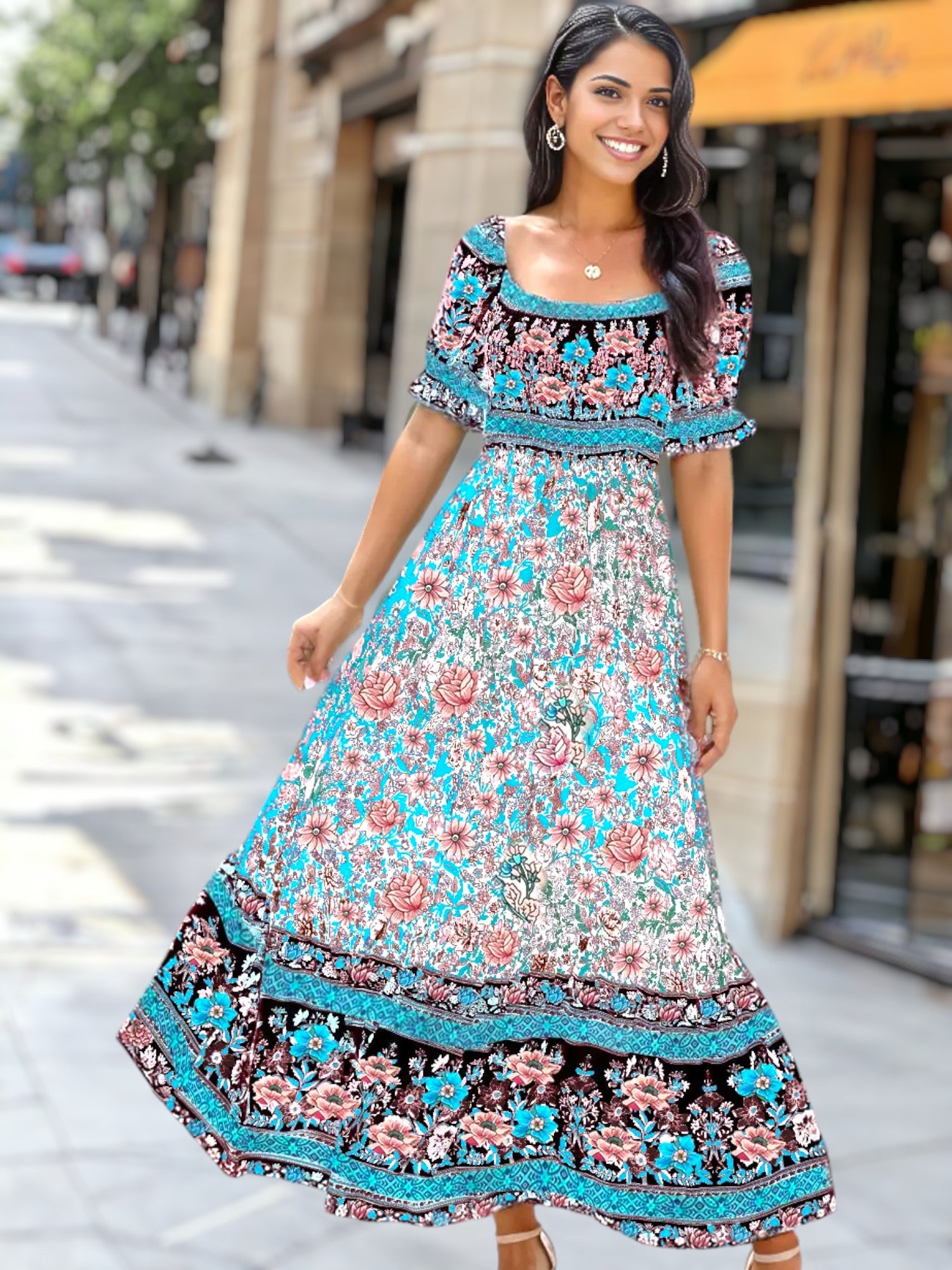 Vestido bohemio multicolor con hombros descubiertos