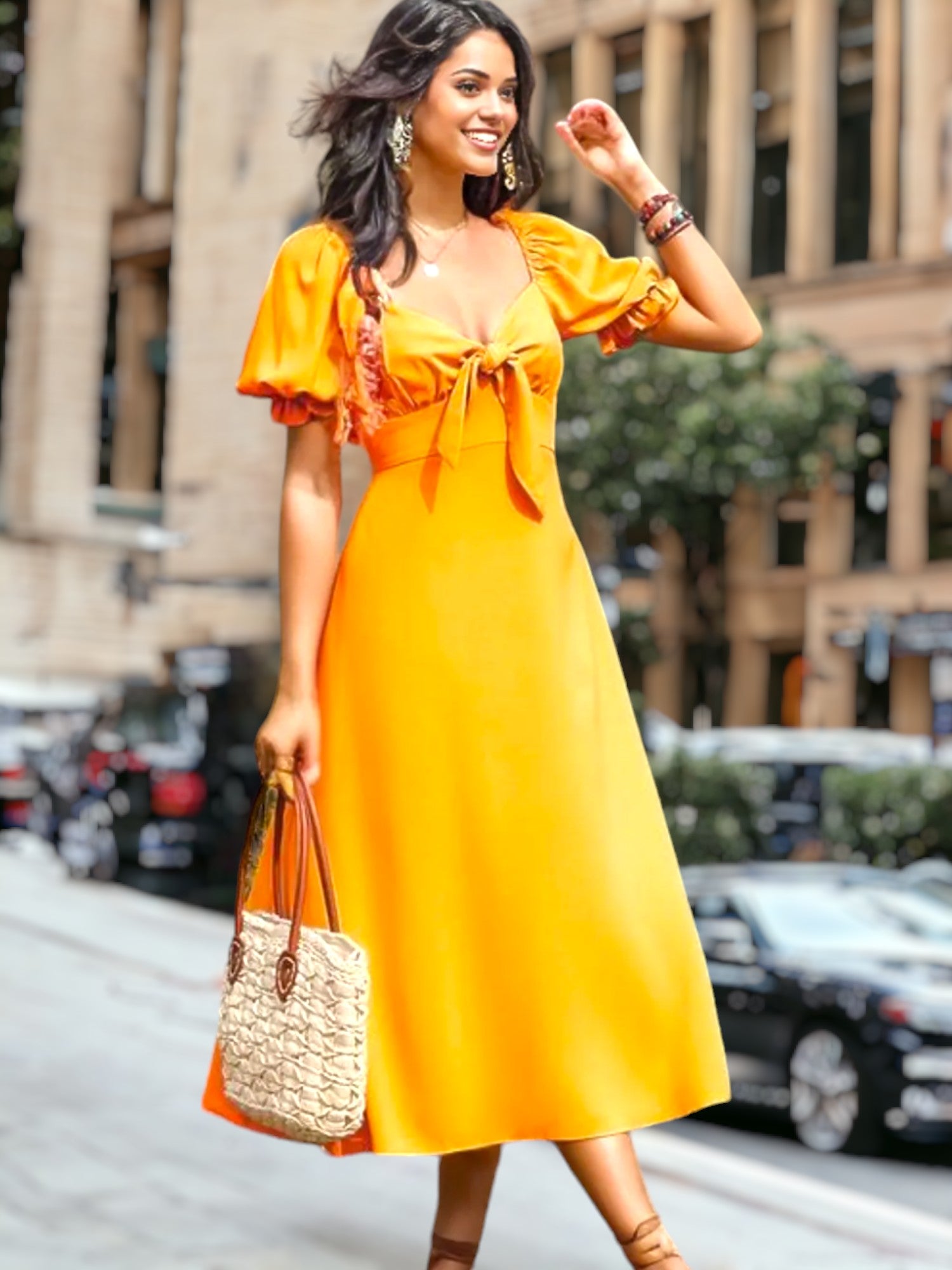 Vestido midi con mangas abullonadas y lazo en la parte delantera