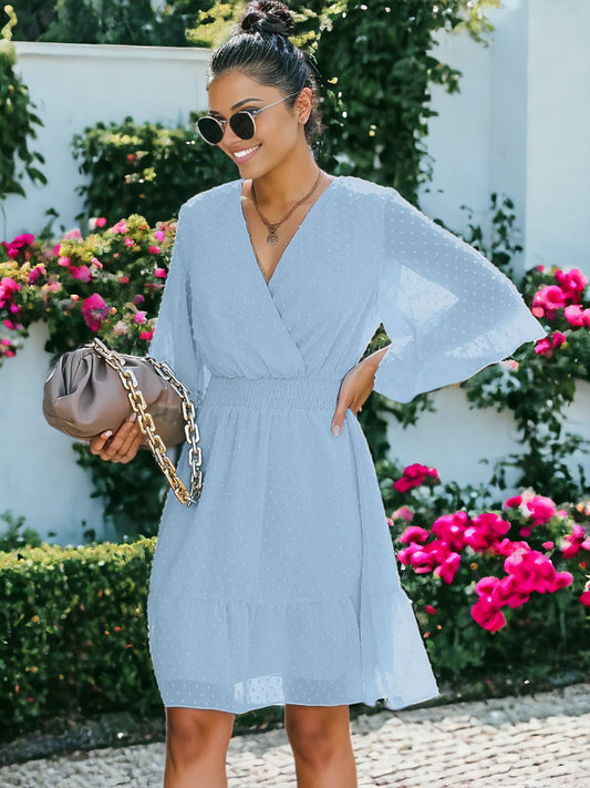 V Neck Bell Sleeve Swiss Dot A-Line Elastic Waist Ruffle Hem Short Dress