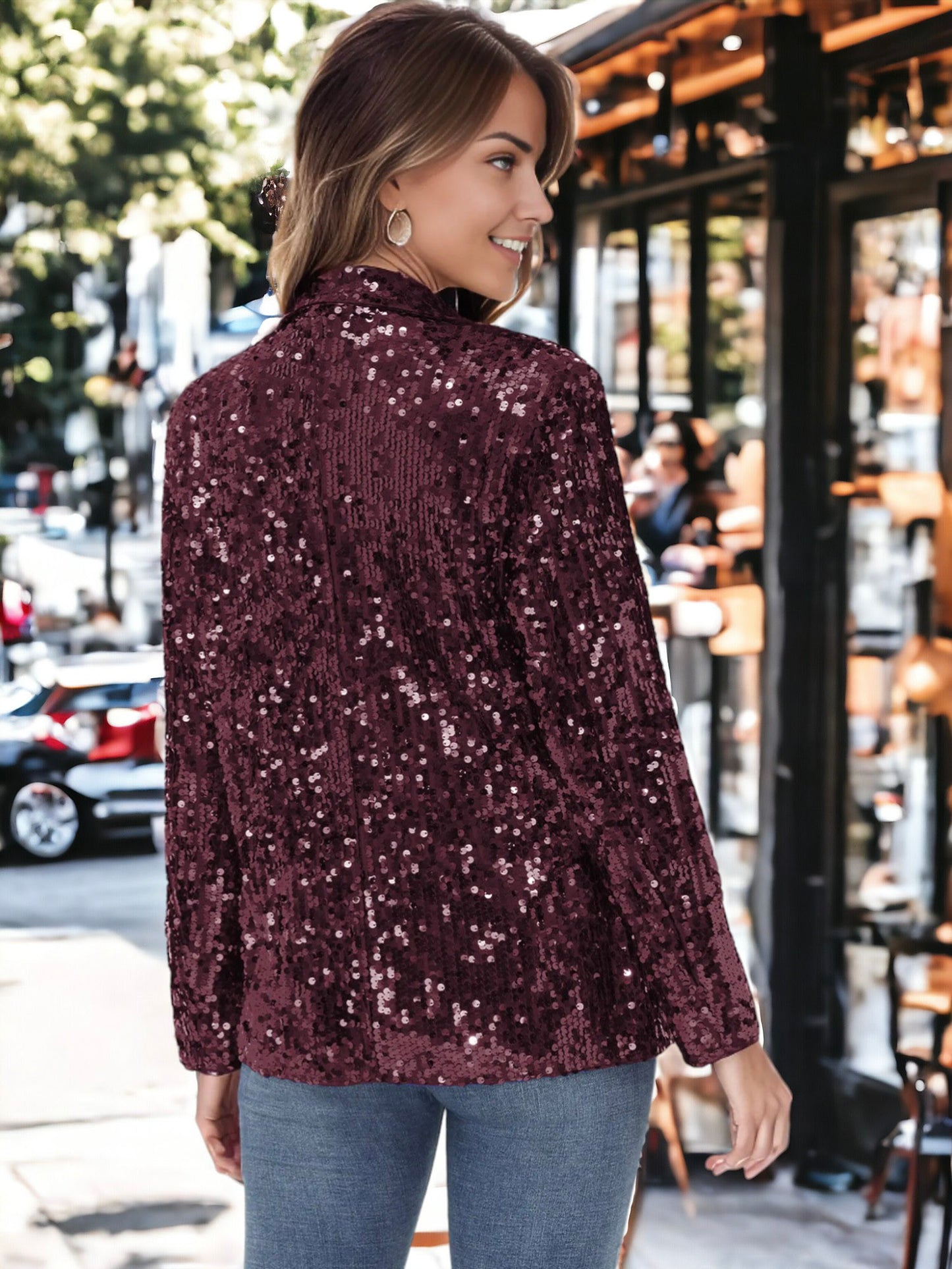 Chaqueta tipo blazer de fiesta con abertura frontal y mangas largas con purpurina