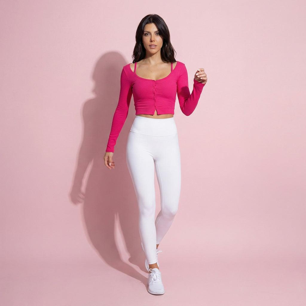 Cropped Button-Up Ribbed Long Sleeve Top with Scoop Neckline