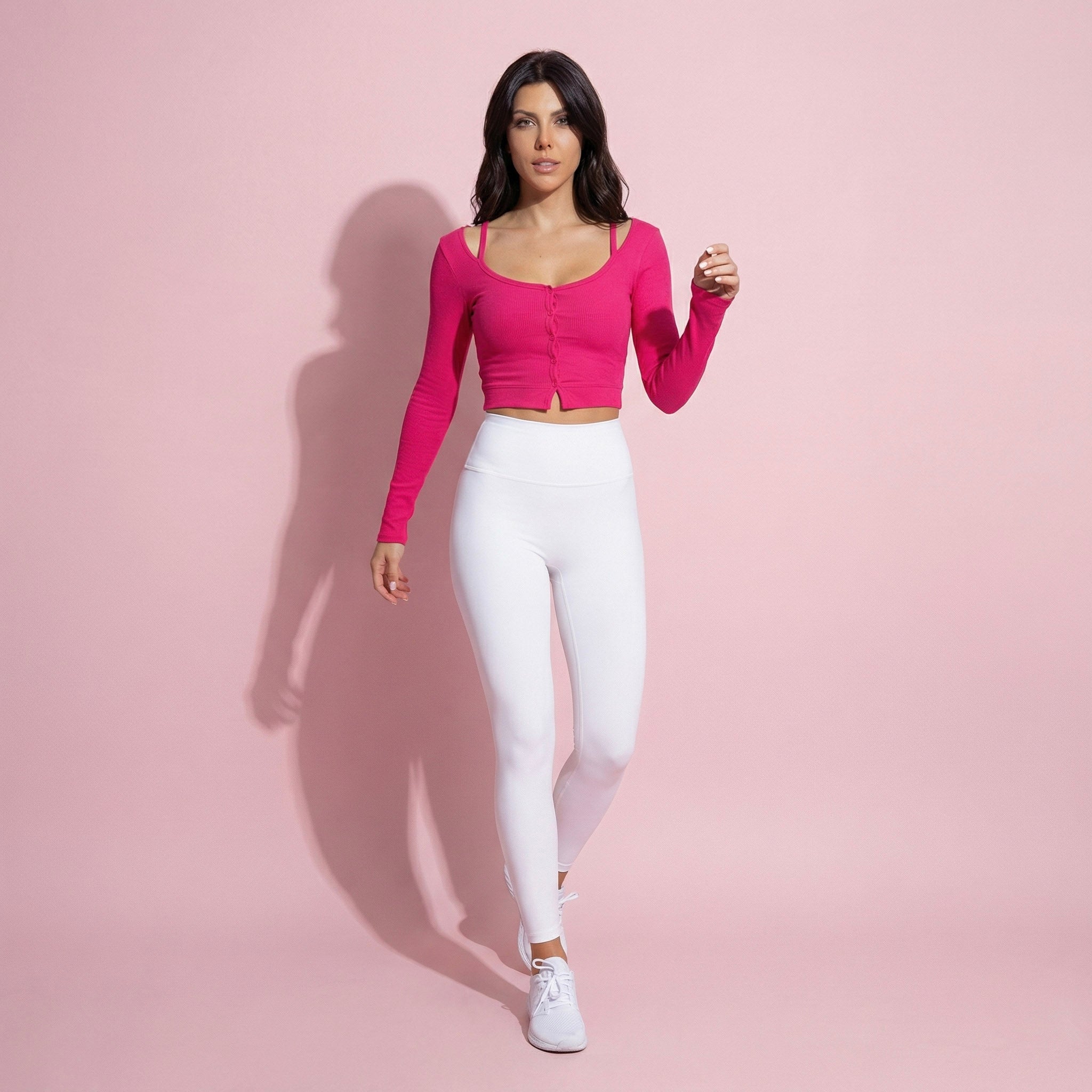 Cropped Button-Up Ribbed Long Sleeve Top with Scoop Neckline