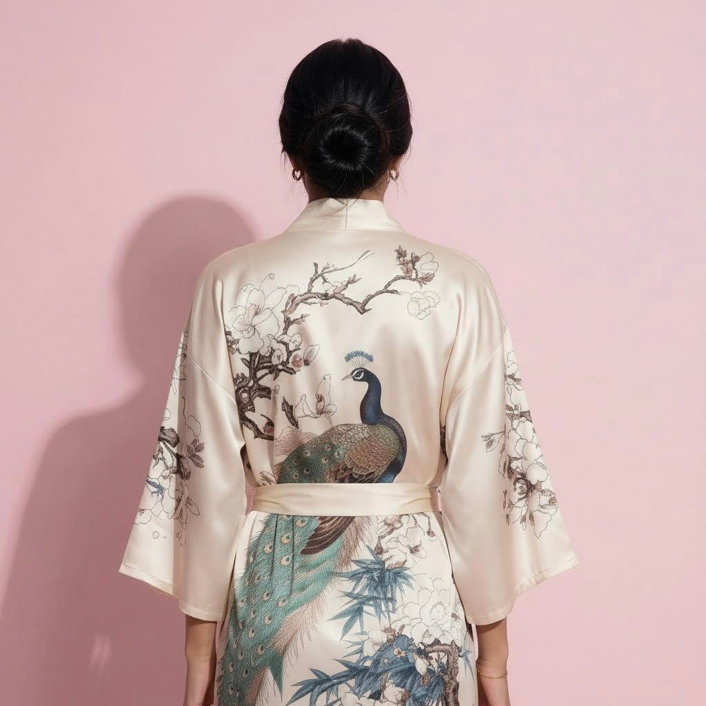 Anna-Kaci Women's Long Satin Kimono Robe with Tie Waist and Artistic Floral Print