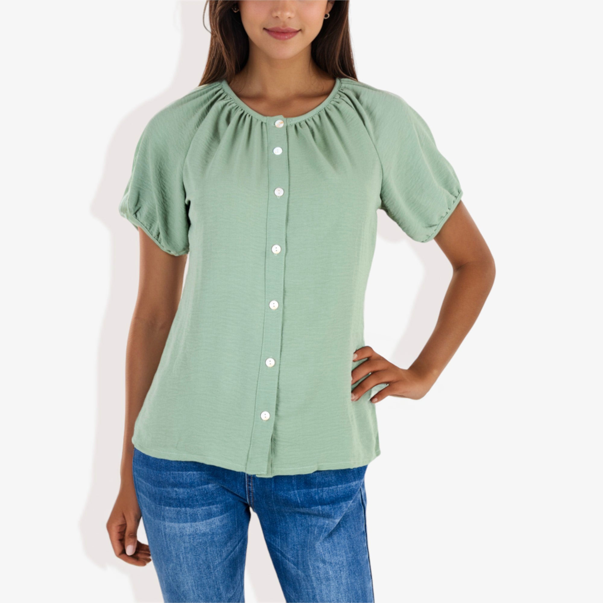 Blusa informal de cuello en V y manga corta con botones para mujer