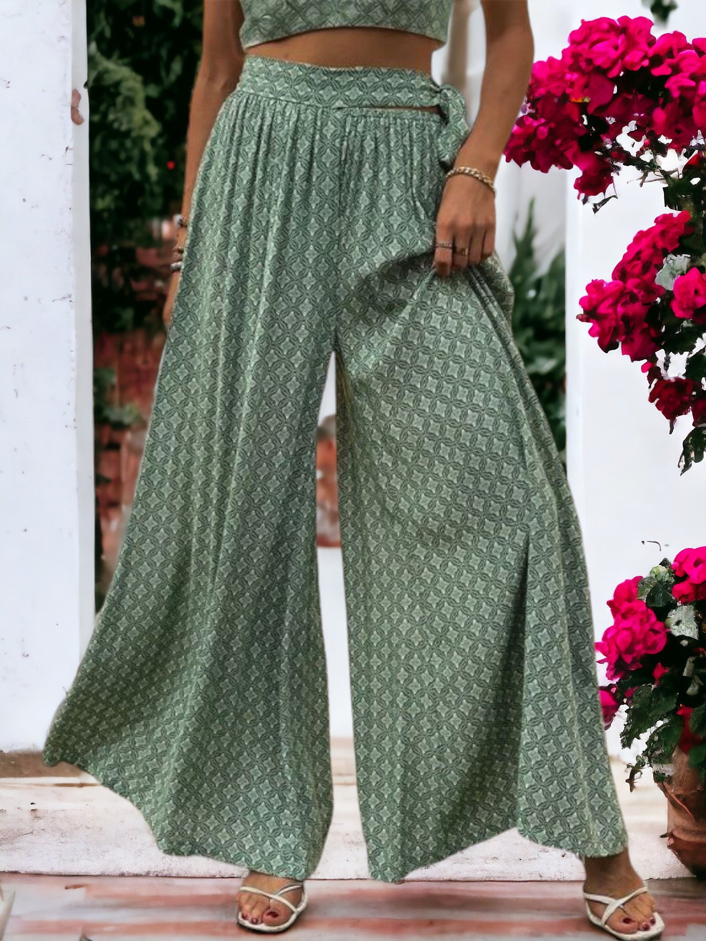 Printed Wide Legged  Waist Tied Pants