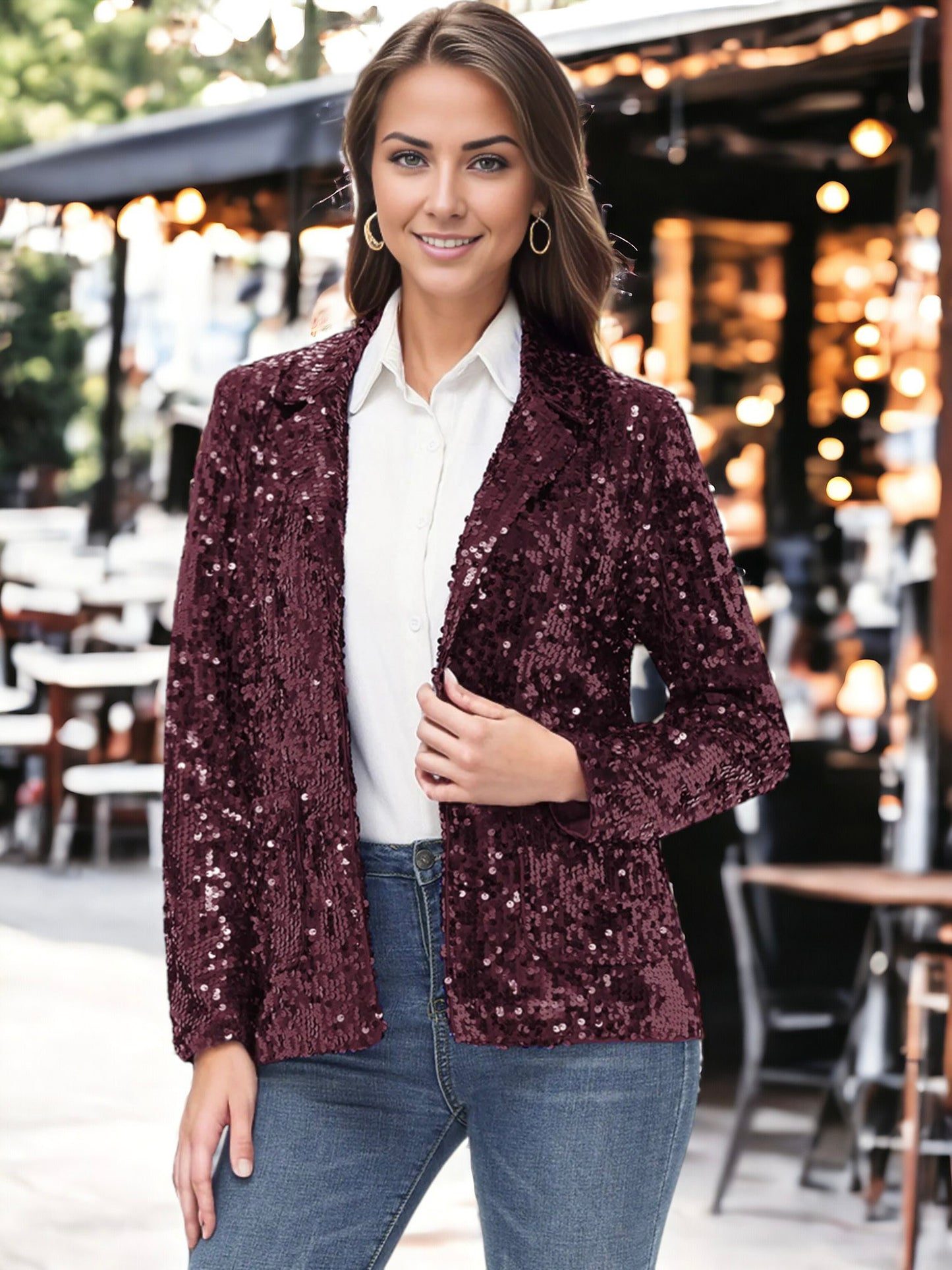 Chaqueta tipo blazer de fiesta con abertura frontal y mangas largas con purpurina