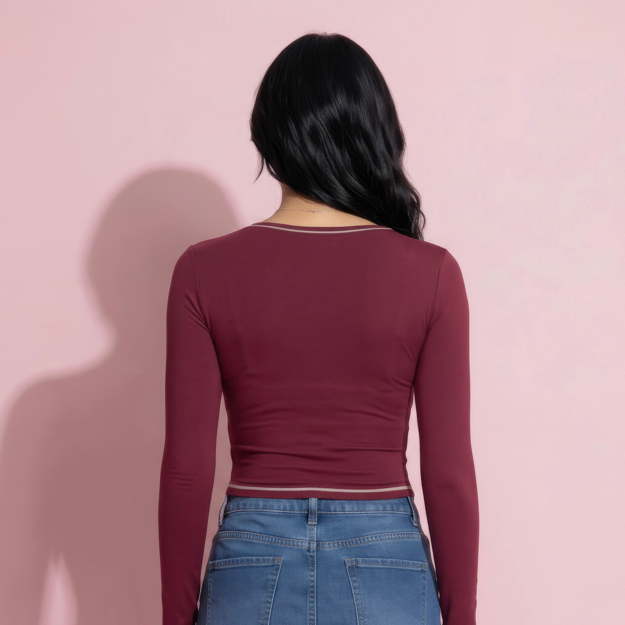 Anna-Kaci Active Women's Long Sleeve Cropped Top with V Neckline Contrast Trim and Smooth Stretch Fit