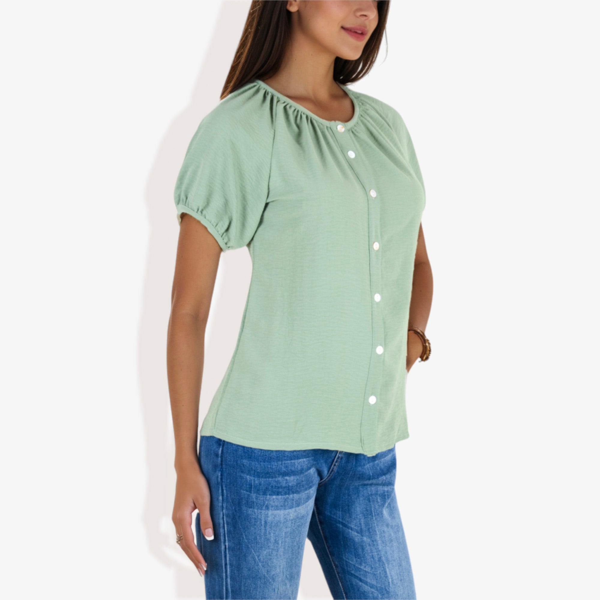 Blusa informal de cuello en V y manga corta con botones para mujer