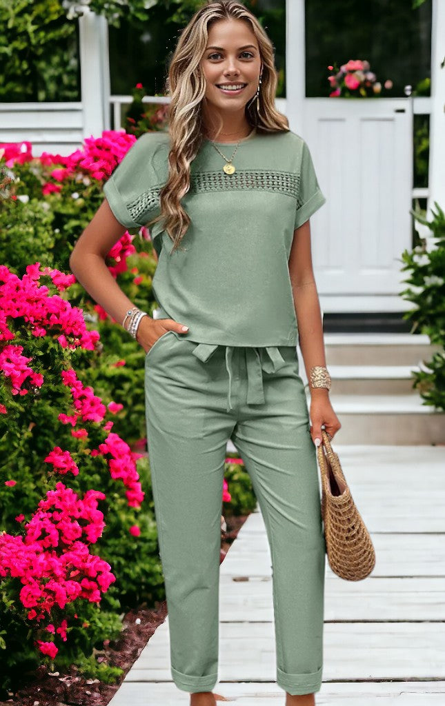 Conjunto de dos piezas para mujer, top de encaje con parches y mangas de murciélago y pantalones con lazo en la cintura