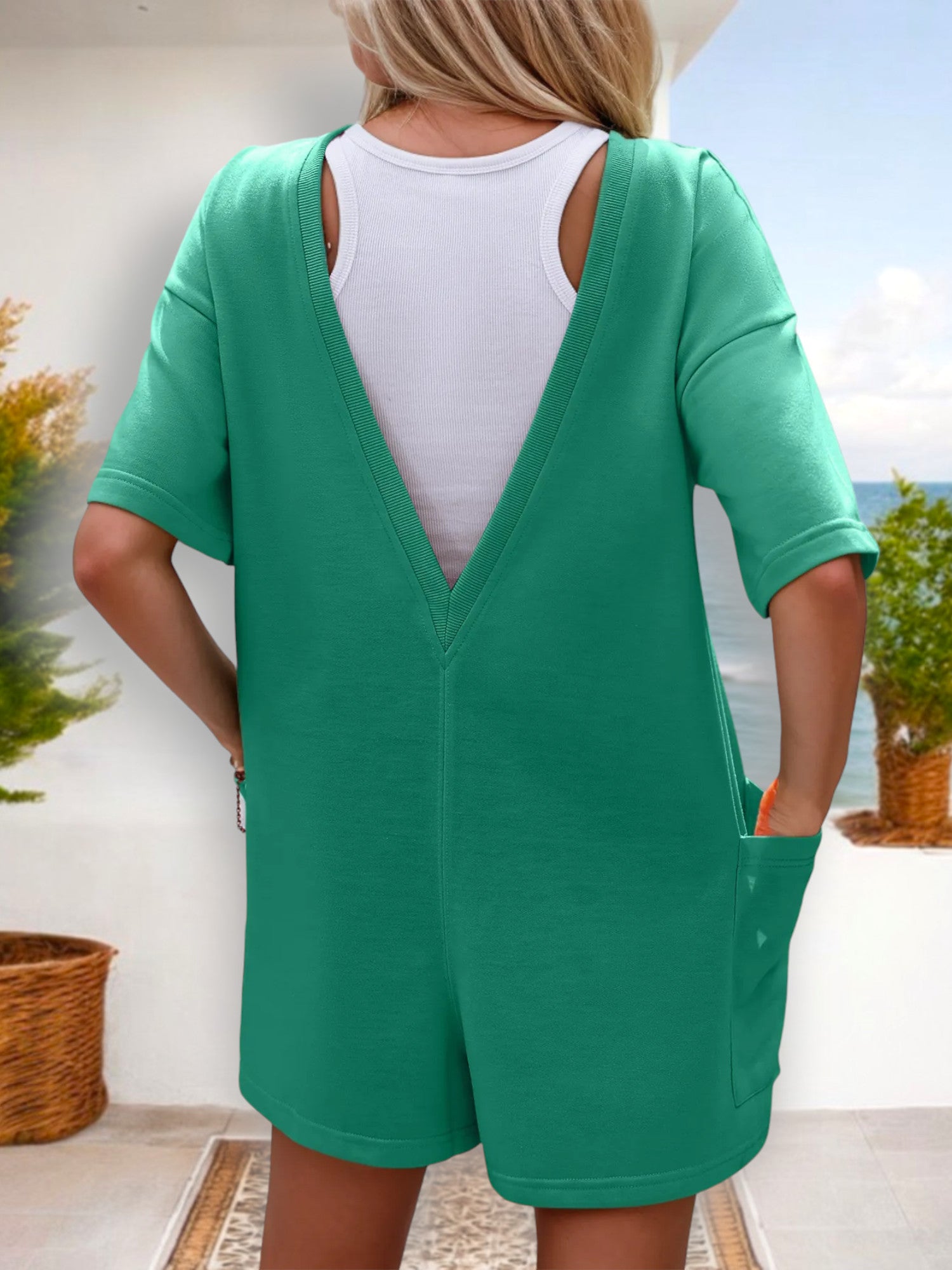 Mono informal de manga corta con bolsillos para mujer