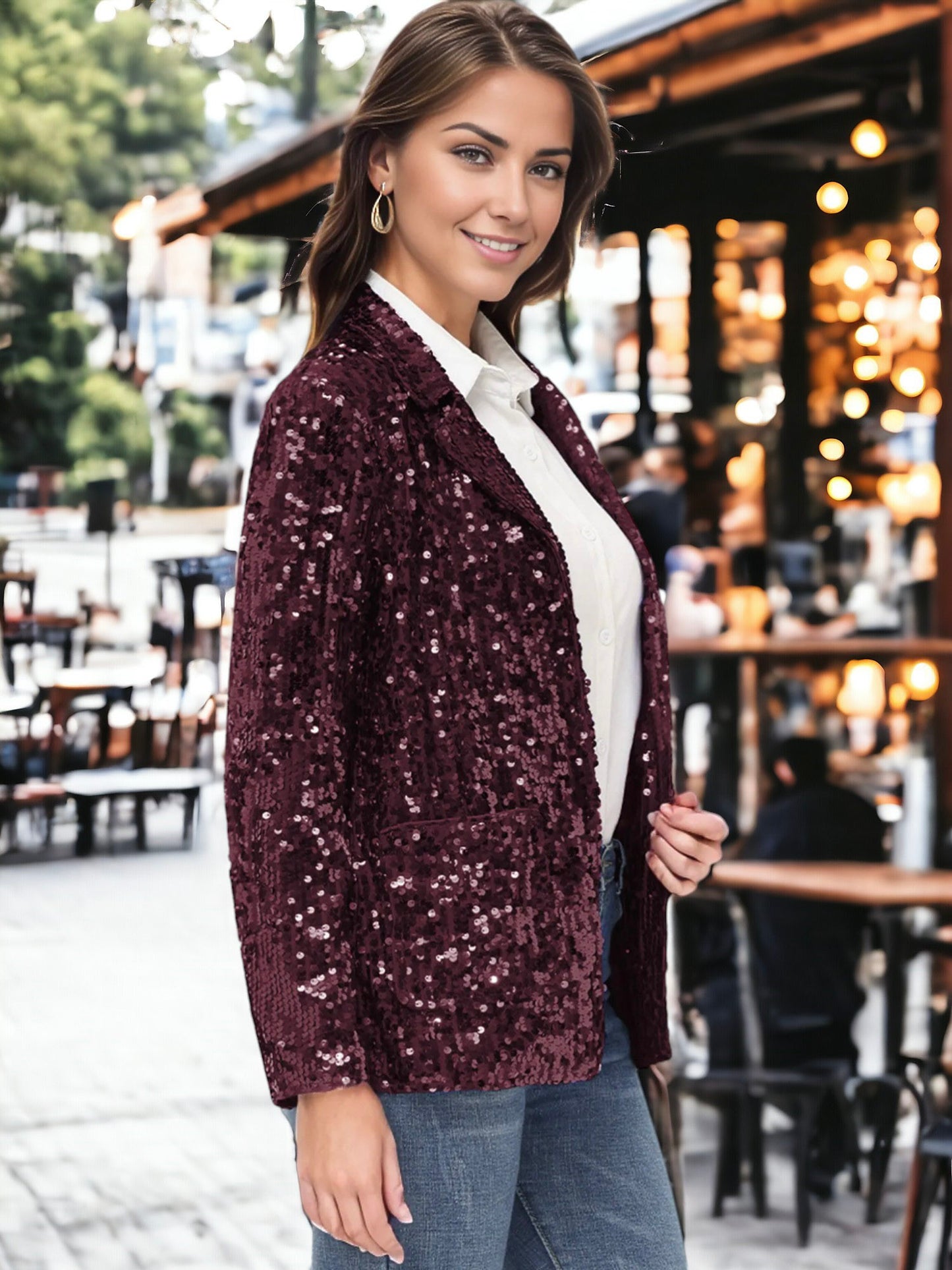 Chaqueta tipo blazer de fiesta con abertura frontal y mangas largas con purpurina