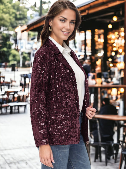 Chaqueta tipo blazer de fiesta con abertura frontal y mangas largas con purpurina