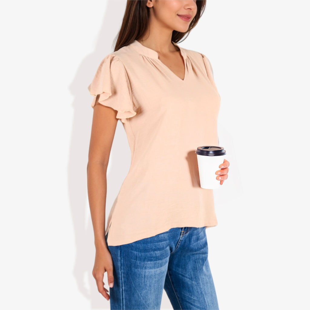 Blusa de mujer de manga corta con escote en V y mangas con volantes