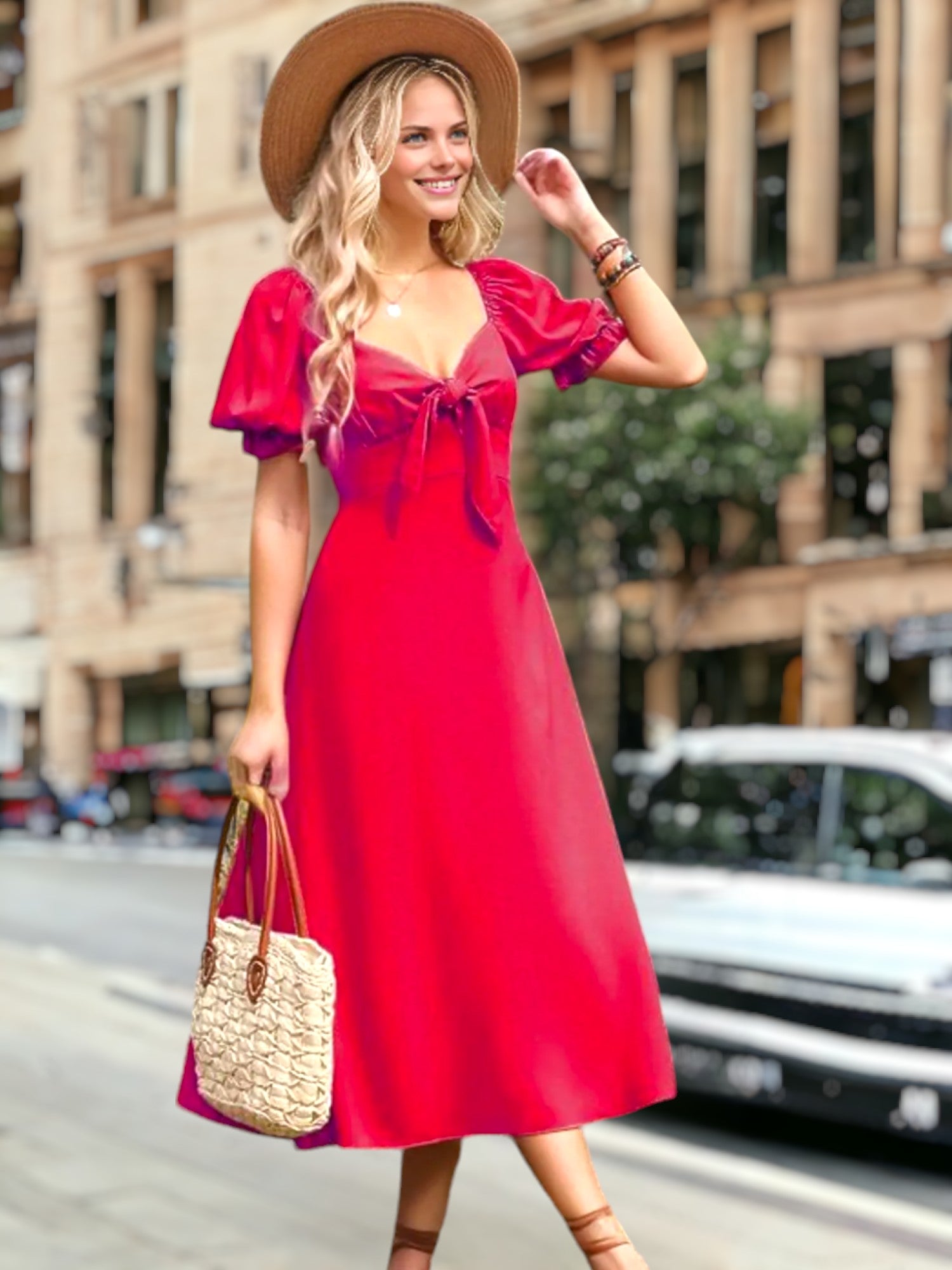 Vestido midi con mangas abullonadas y lazo en la parte delantera