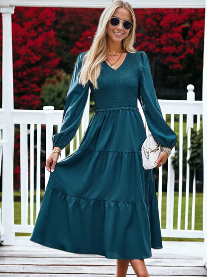 Shirred V Neck Tiered Dress