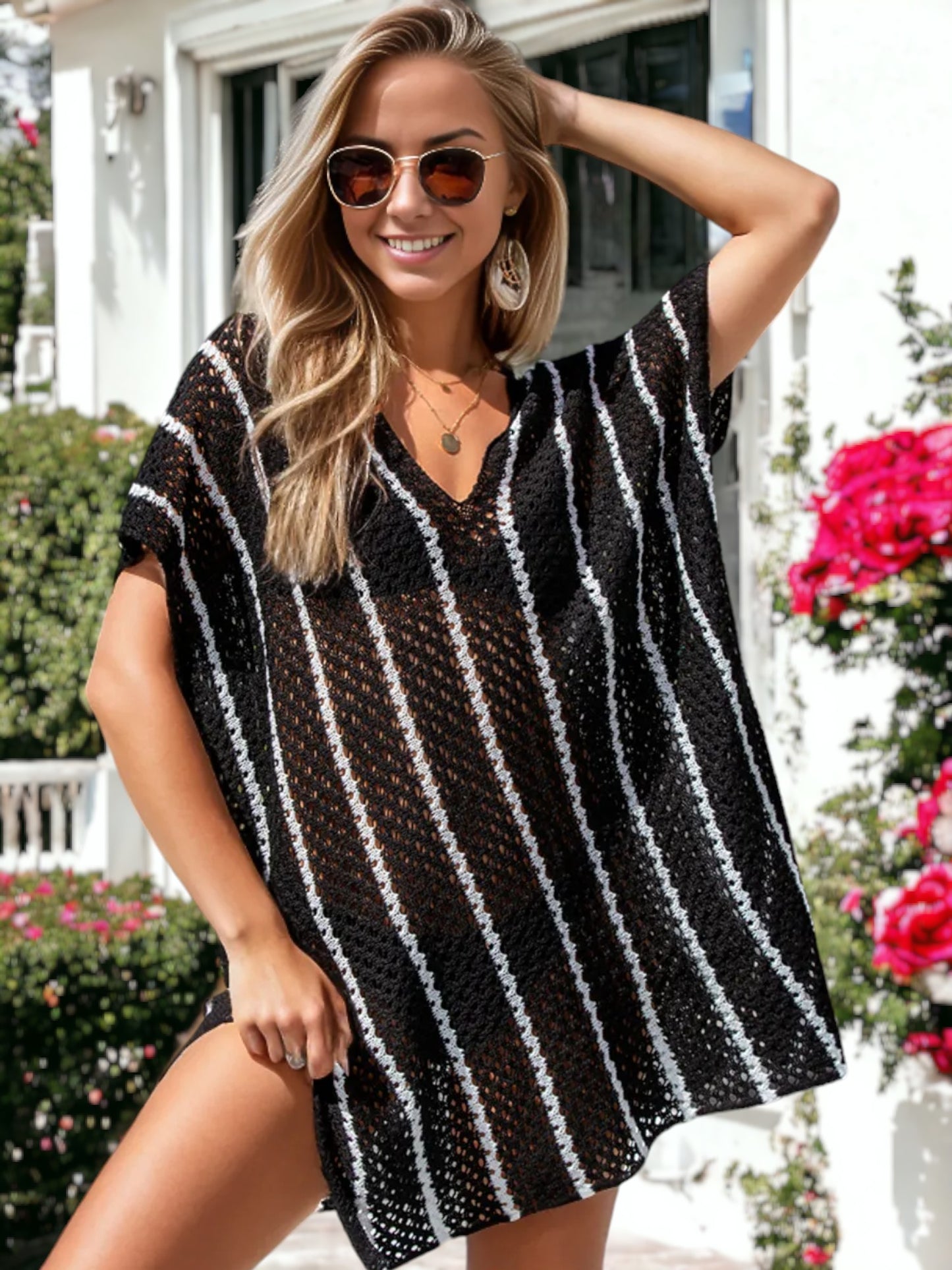 Knitted Bikini Stripe Dolman Beach Cover Up