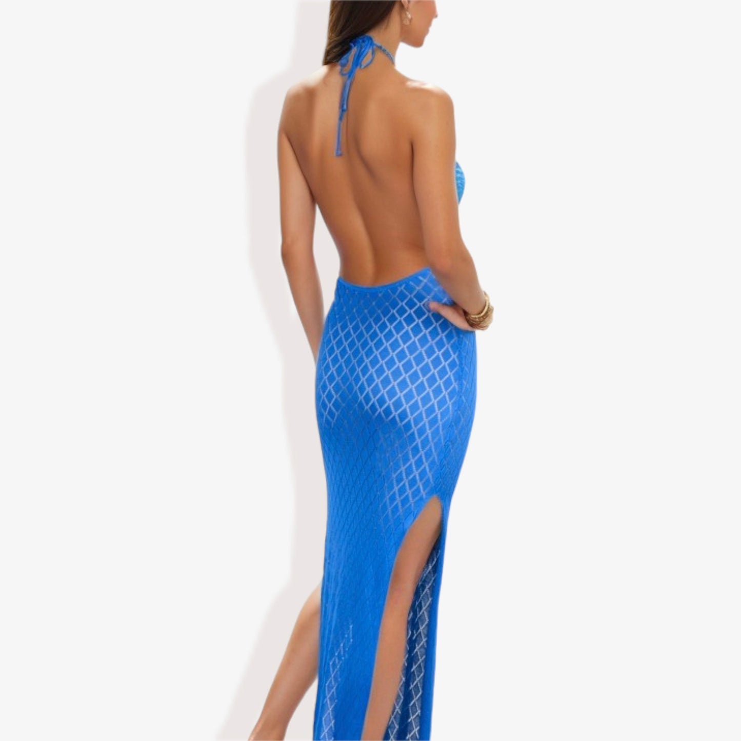 Halter Fishnet Design Side Slits Maxi Dress