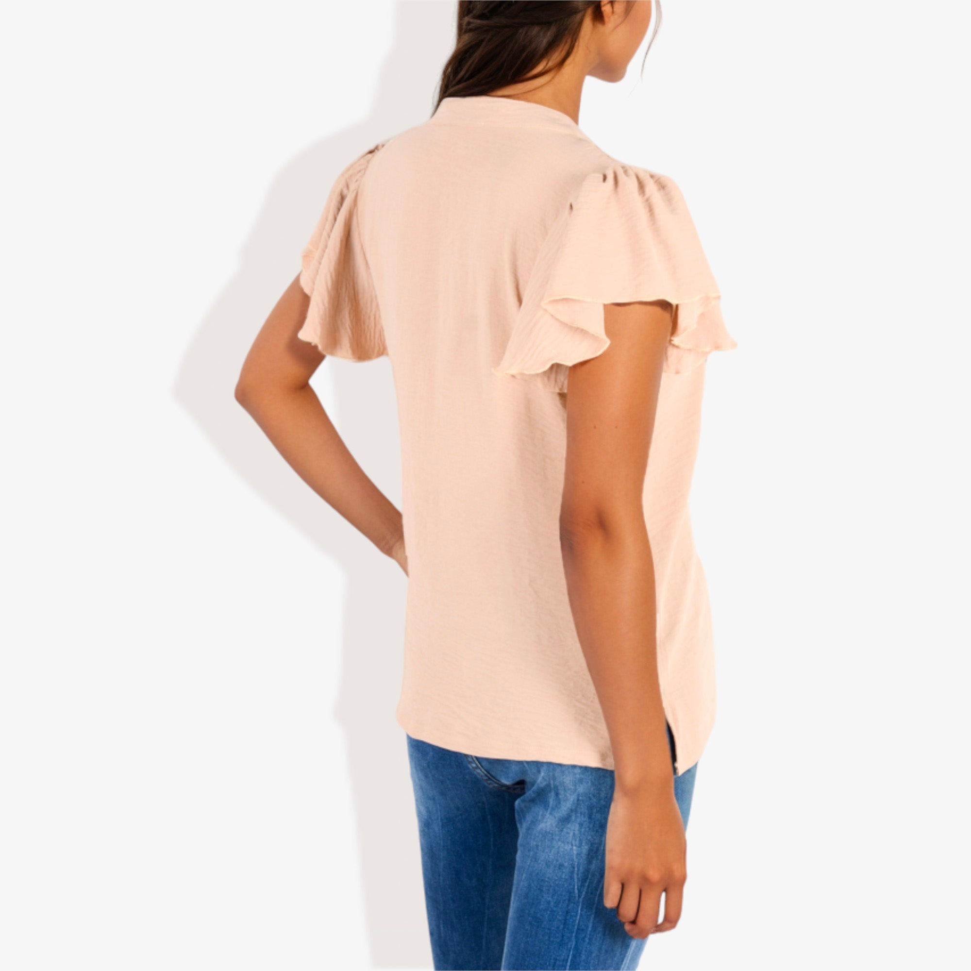 Blusa de mujer de manga corta con escote en V y mangas con volantes