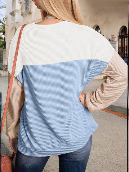 Anna-Kaci Women's Color Block Ribbed Knit Sweater with Long Sleeves and Crew Neckline