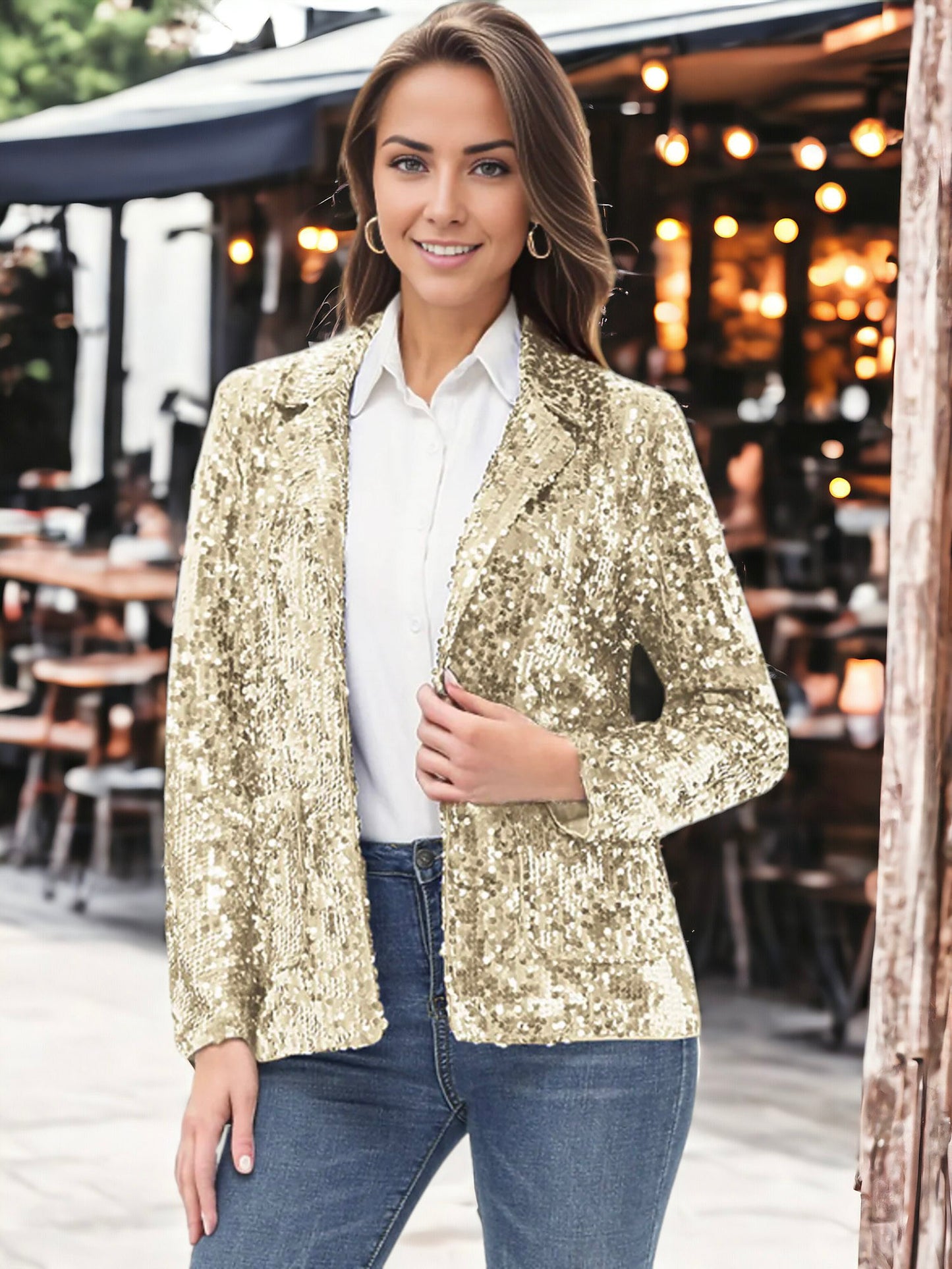 Chaqueta tipo blazer de fiesta con abertura frontal y mangas largas con purpurina