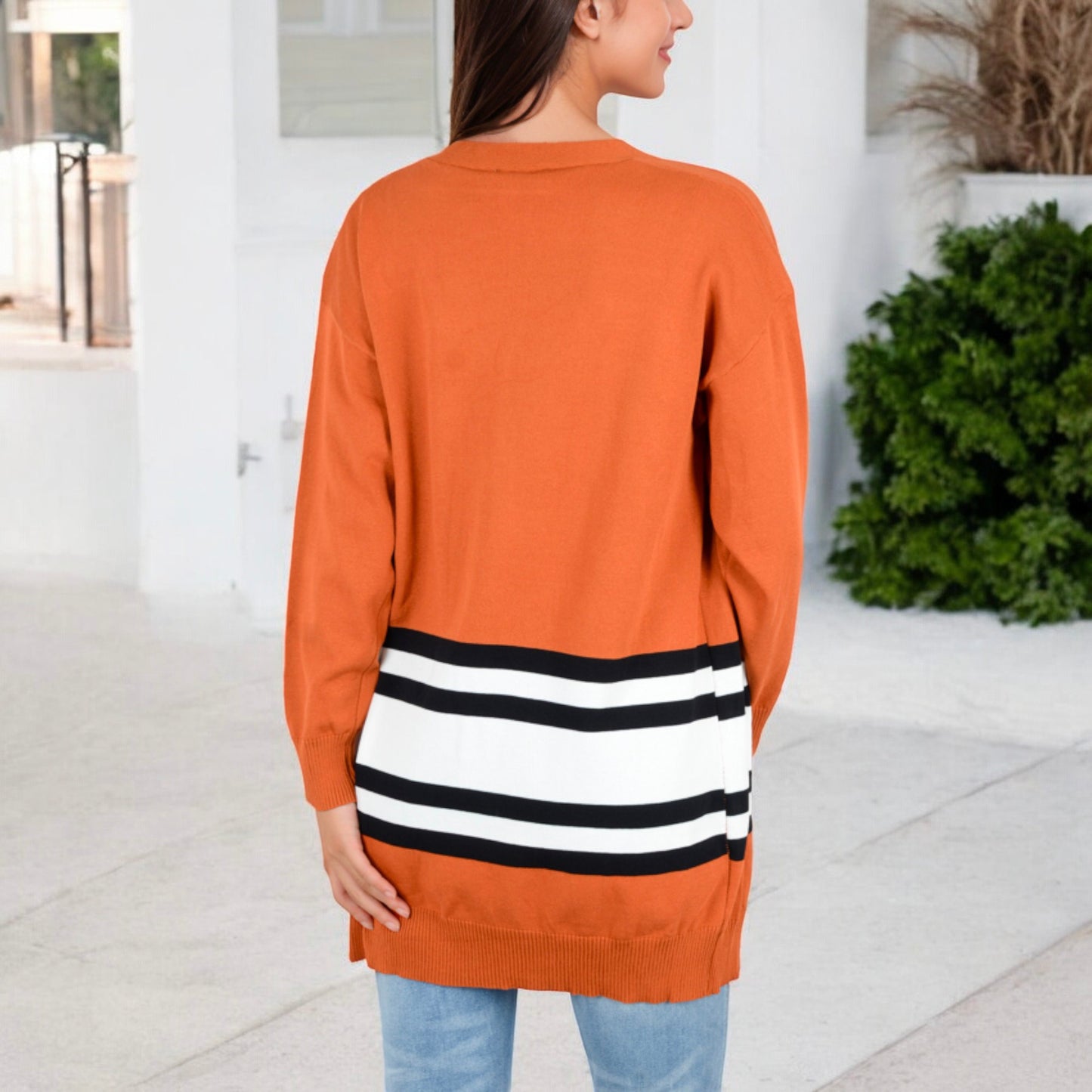 Women's Open Front Striped Pocket Long Sleeve Cardigan