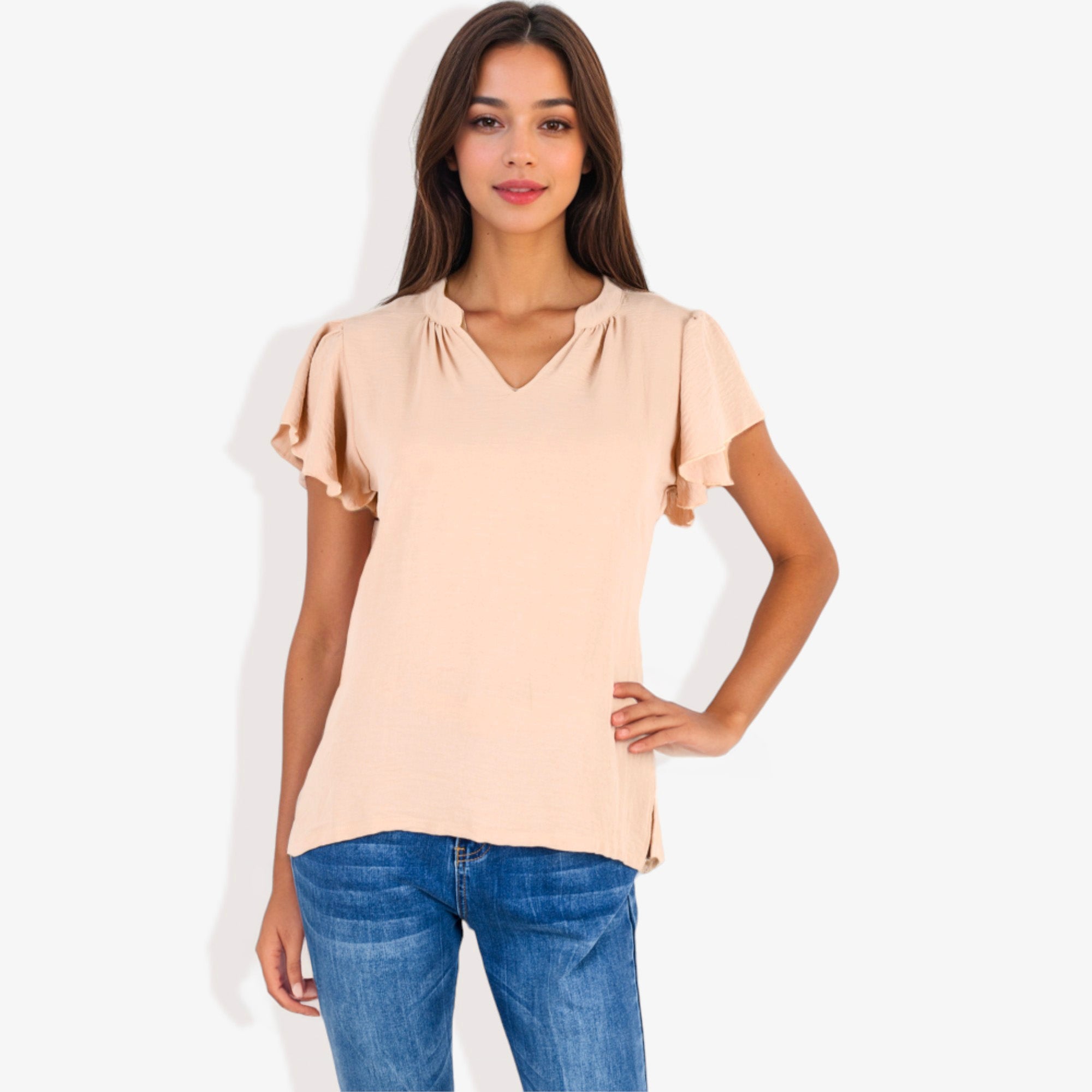 Blusa de mujer de manga corta con escote en V y mangas con volantes