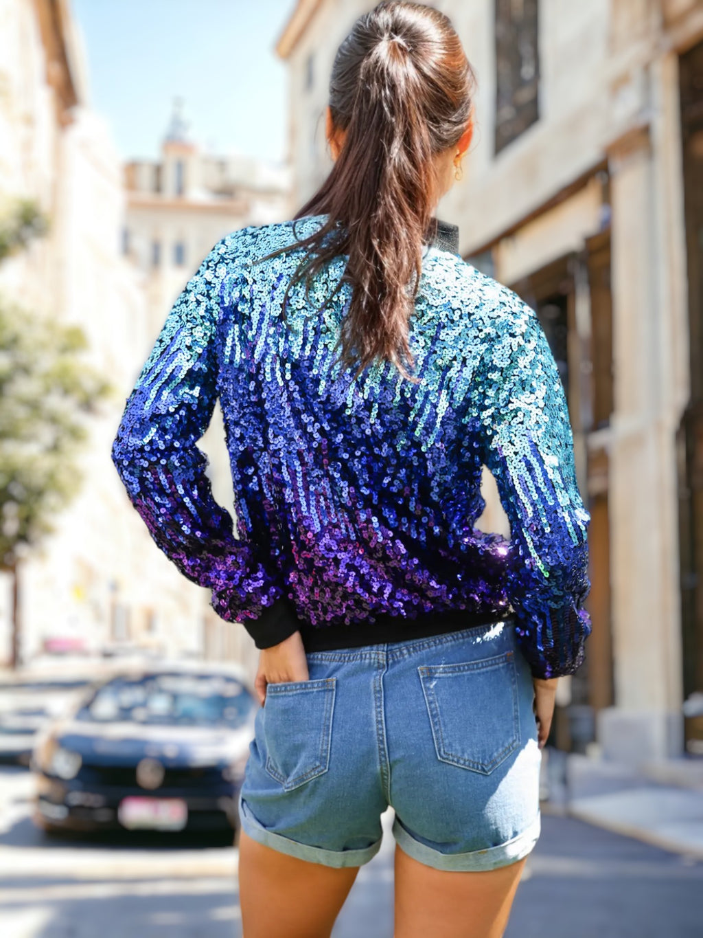 Chaqueta bomber con cremallera y destellos ombré de lentejuelas