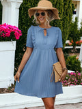 Tie Neck Short Sleeved Pleated Textured Mini Dress