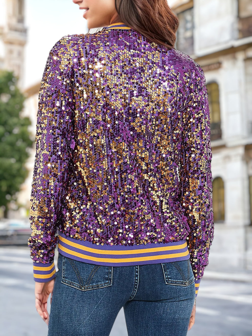 Sequin Stripe Cuff Bomber Zip-Up Jacket Varsity