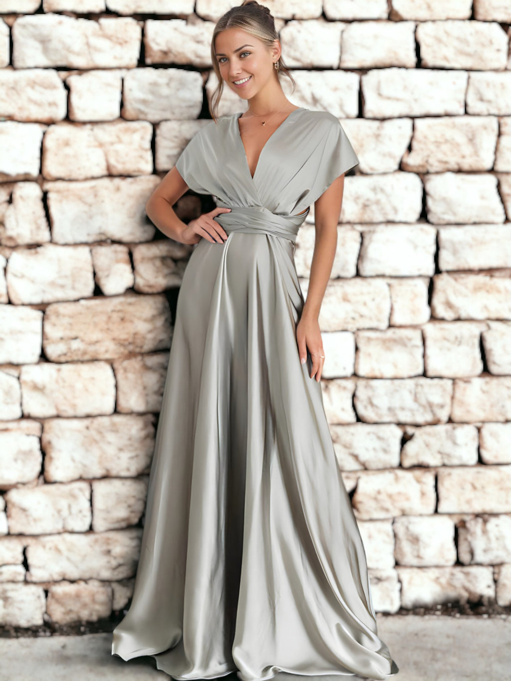 Vestido largo multiusos con escote en V y espalda descubierta