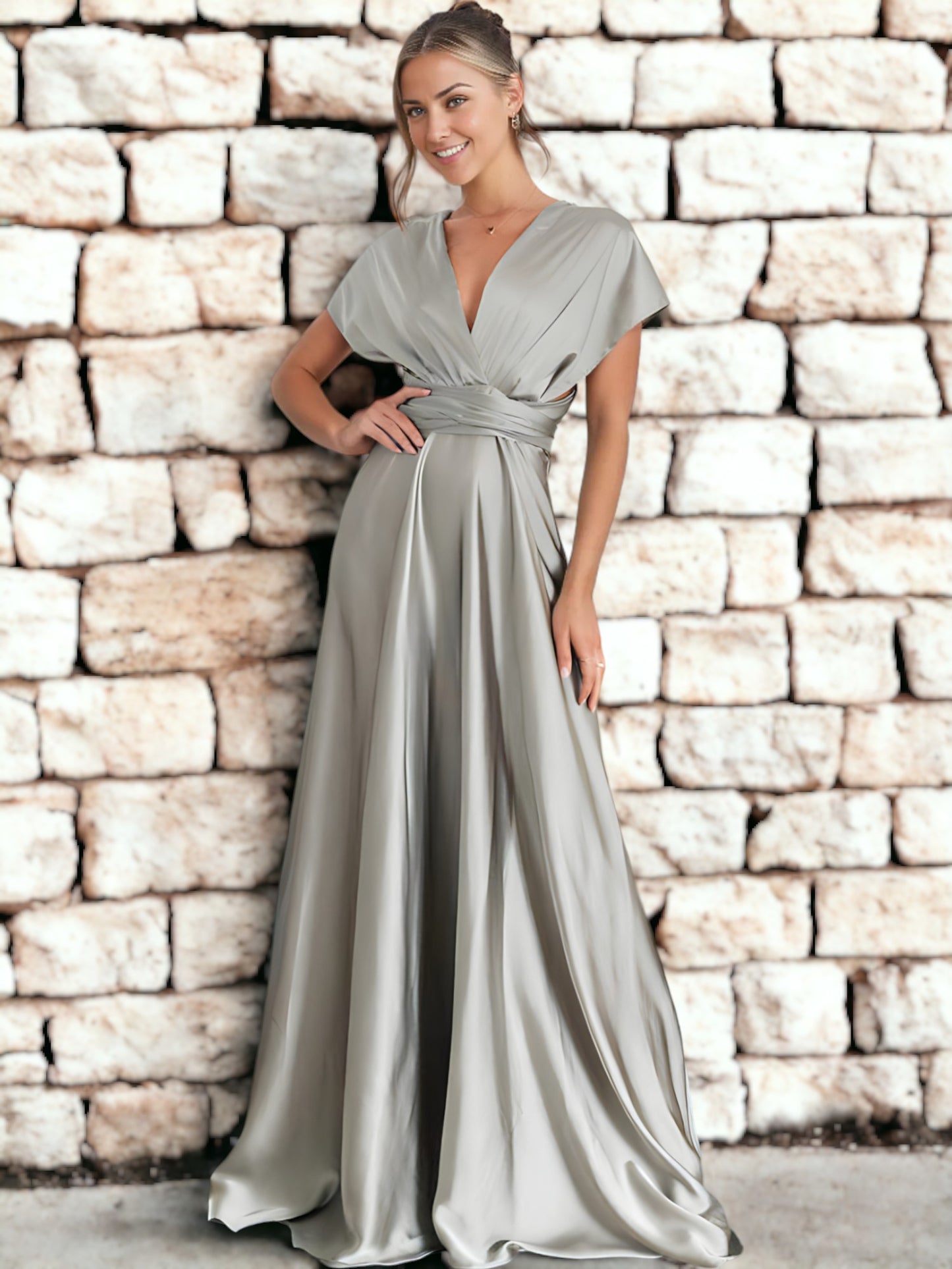 Vestido largo multiusos con escote en V y espalda descubierta