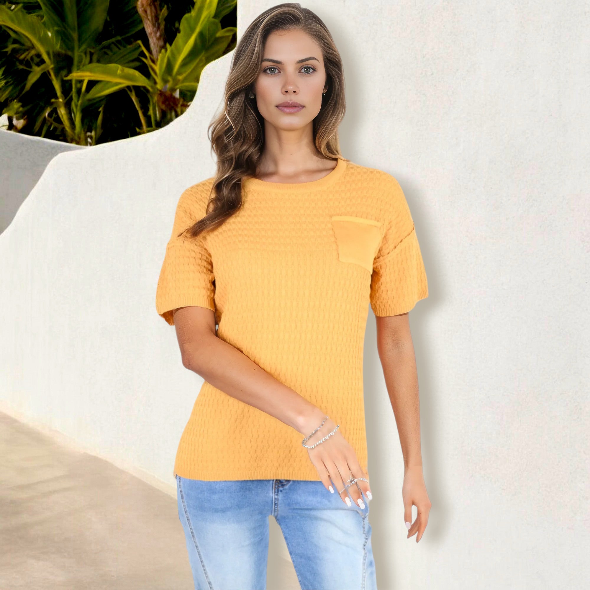 Camiseta de manga corta de punto gofrado para mujer de Anna-Kaci con bolsillo en el pecho