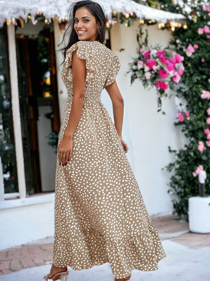 Abstract Print Shirred Waist Maxi Dress