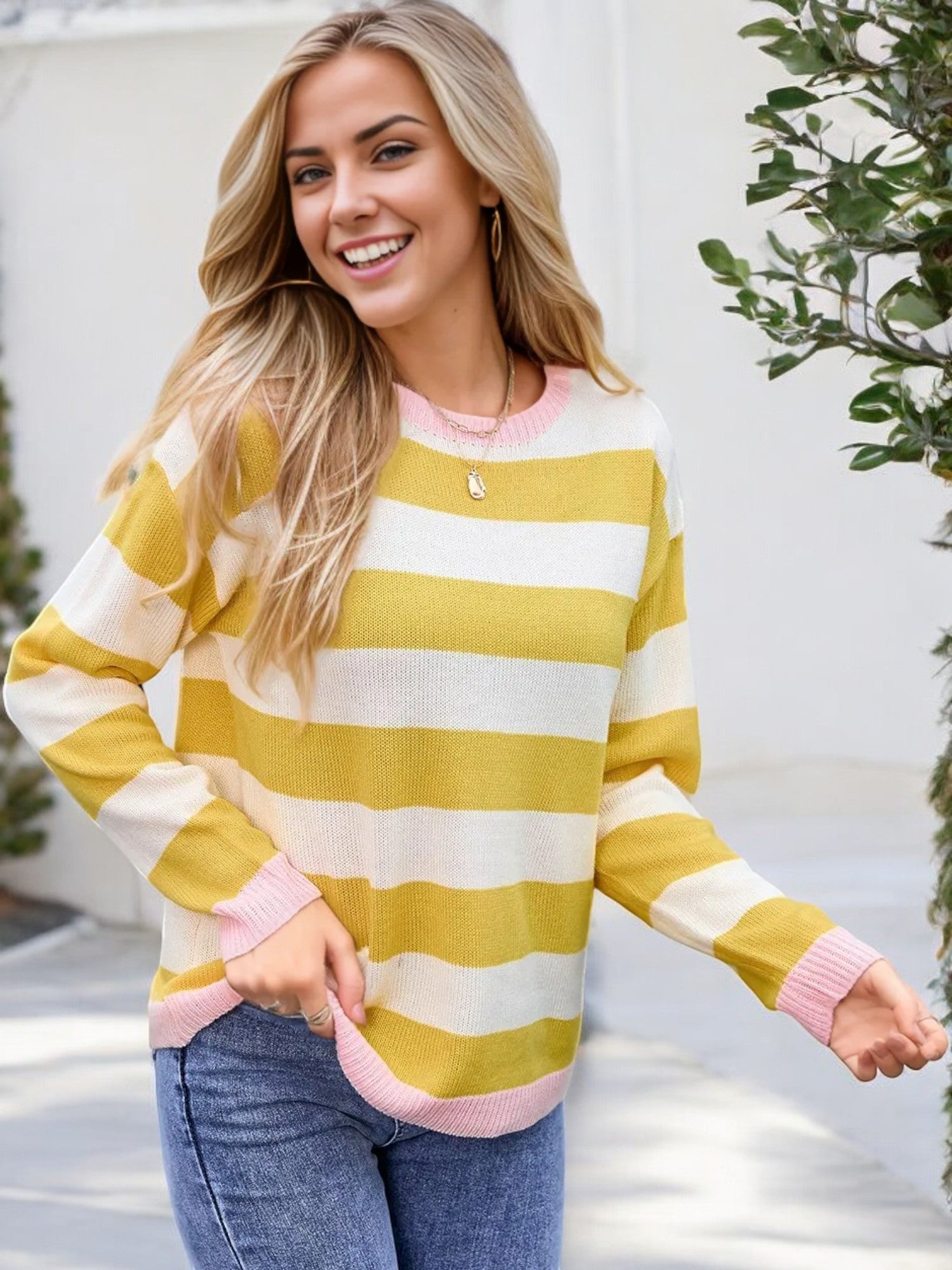 Anna-Kaci Women's Long Sleeve Striped Knit Sweater with Ribbed Cuffs and Hem