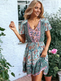 Vestido mini con escote en V estilo bohemio