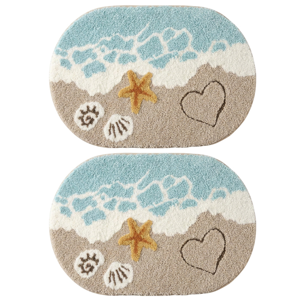 Anna-Kaci Beach Inspired Tufted Bathroom Bath Mats Set with Seashell Starfish Pattern Soft Plush Texture 2 Piece Set