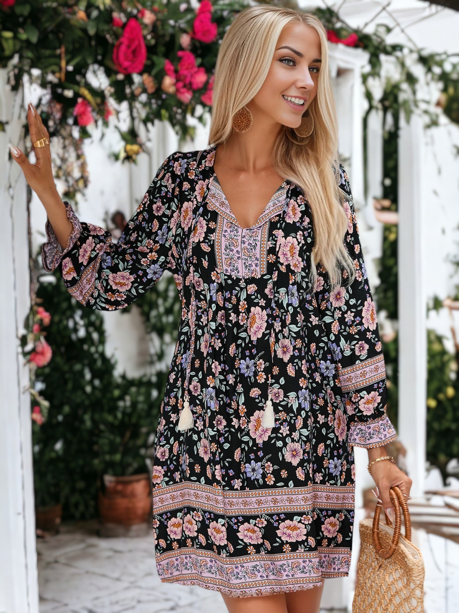 Boho Paisley Floral Print Knotted V-Neck Long Sleeve Dress