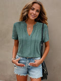 Short Sleeve Lace Panel Blouse with V-Neck and Pleated Detail