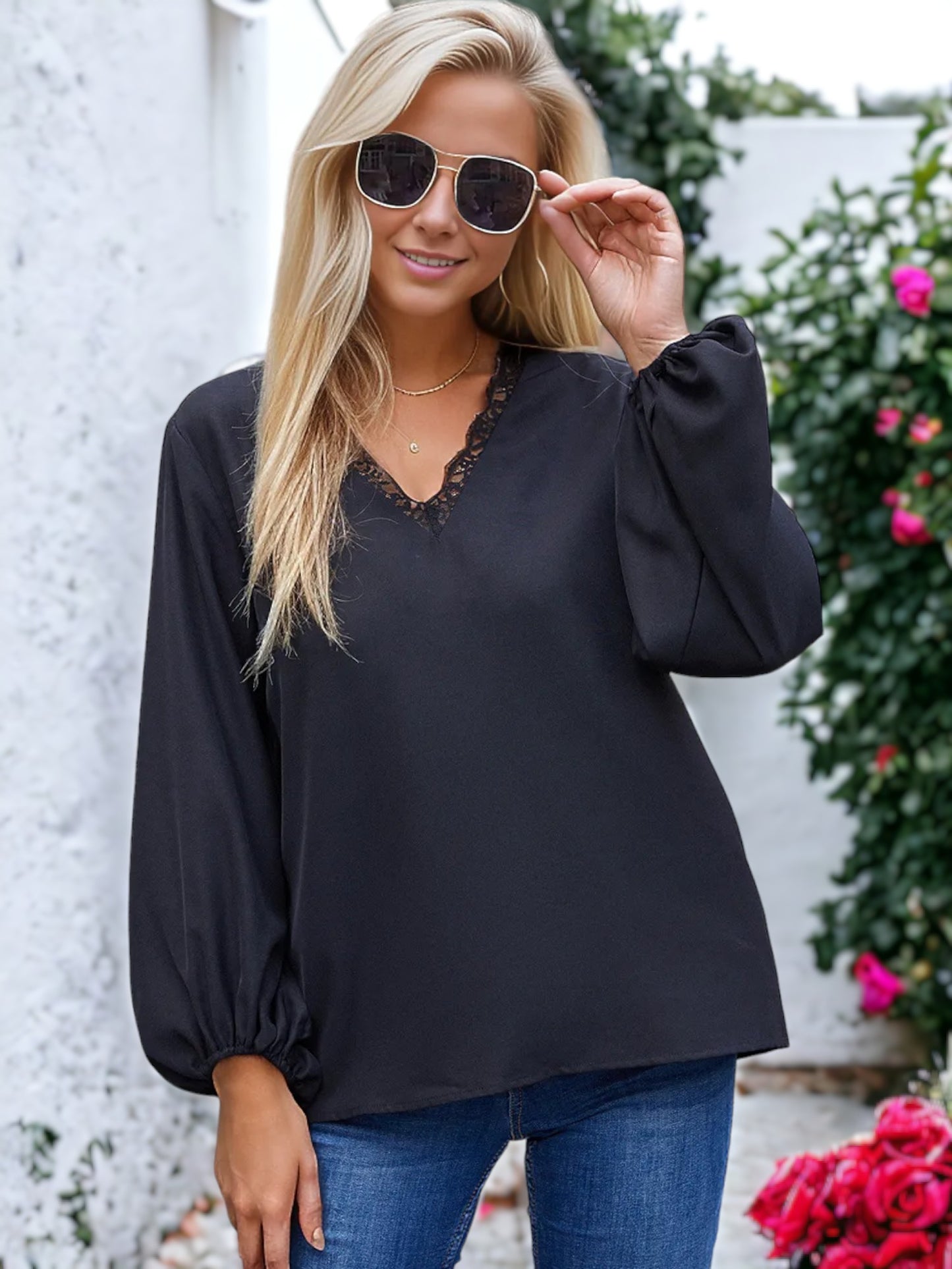 Solid Color Lace Trim Blouse