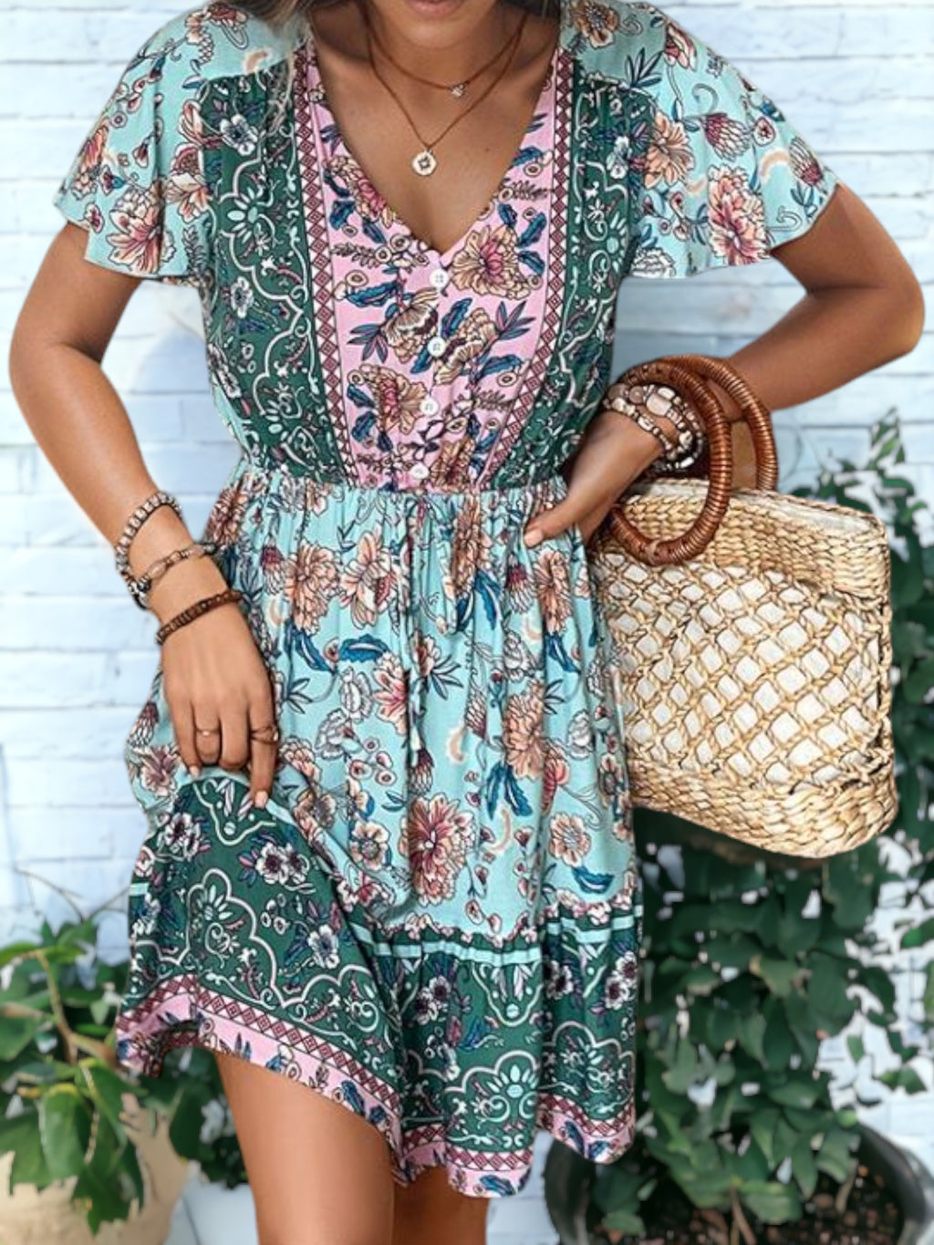Vestido mini con escote en V estilo bohemio