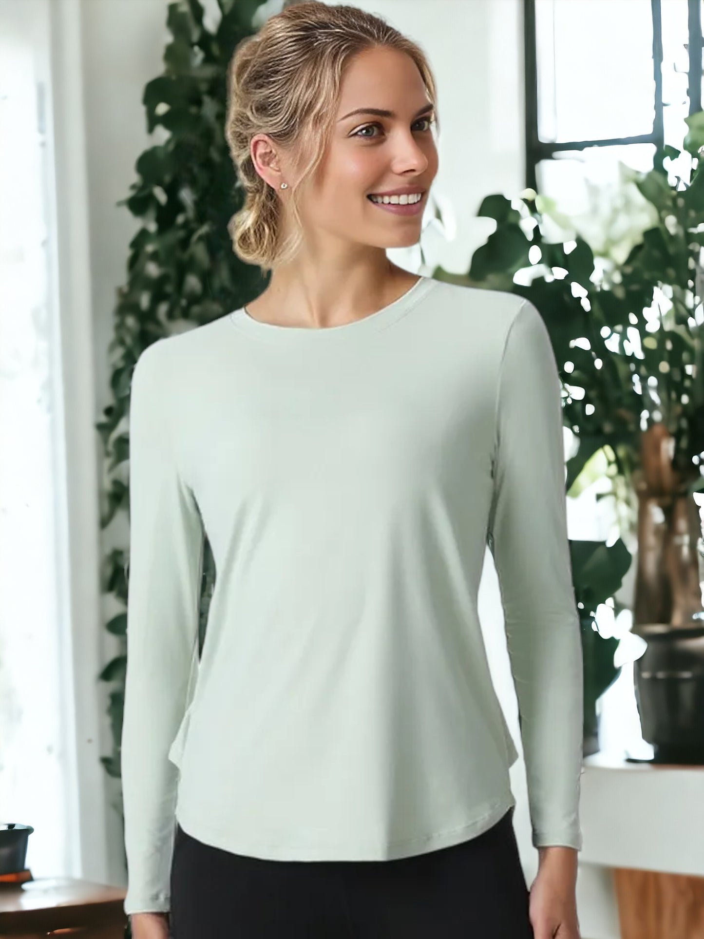 Sudadera de yoga de manga larga, cuello redondo, holgada, ajustada y transpirable