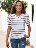 Camiseta informal con cuello redondo y mangas abullonadas y estampado de rayas