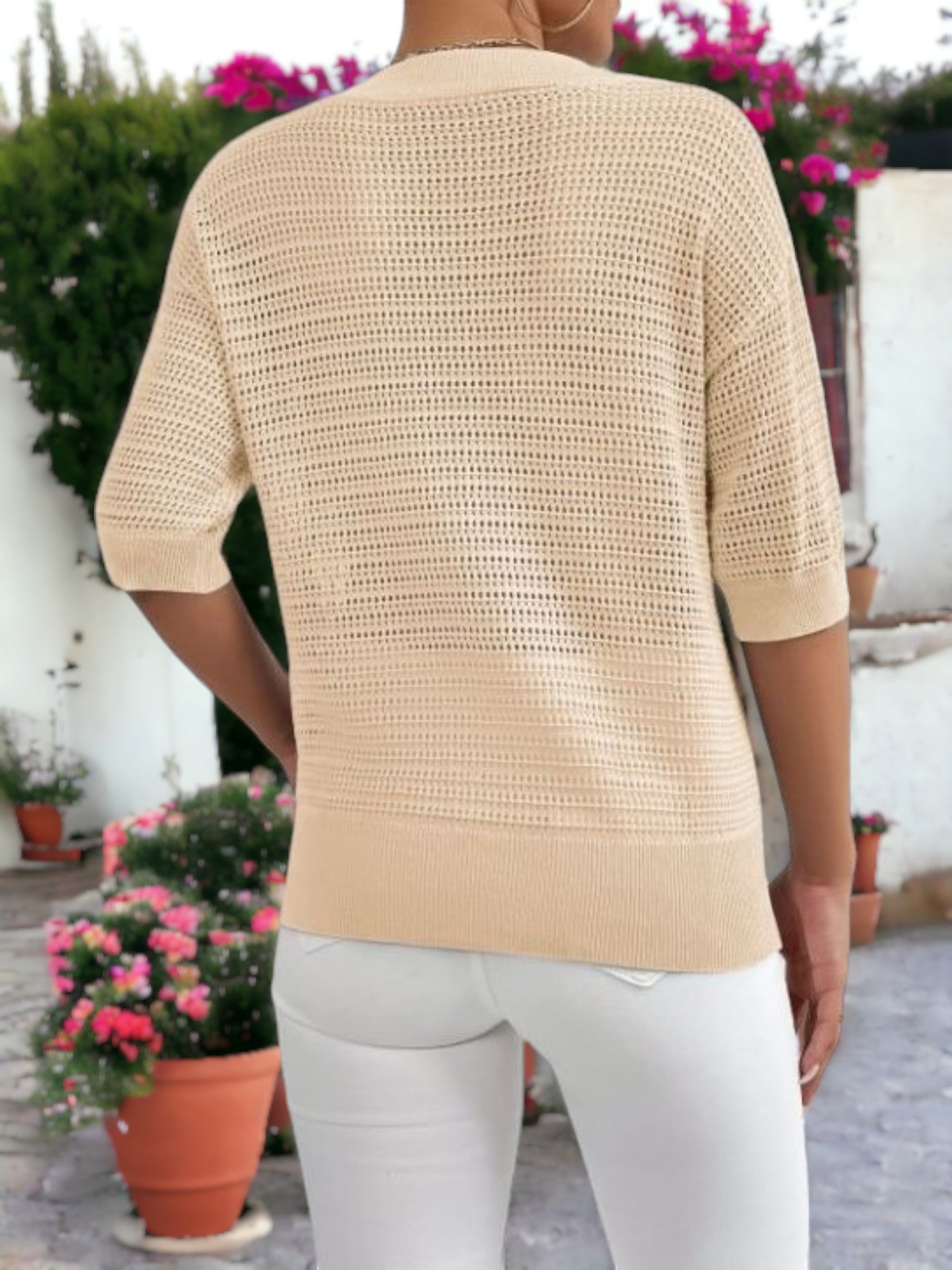 Mid-Sleeved V-Neck Knitted Mesh Henley Sweater