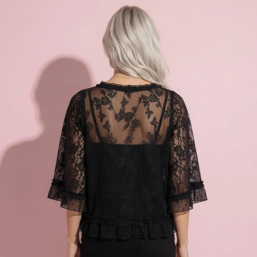 Anna-Kaci Womens Three Quarter Sleeve Lace Mesh Layering Blouse Top