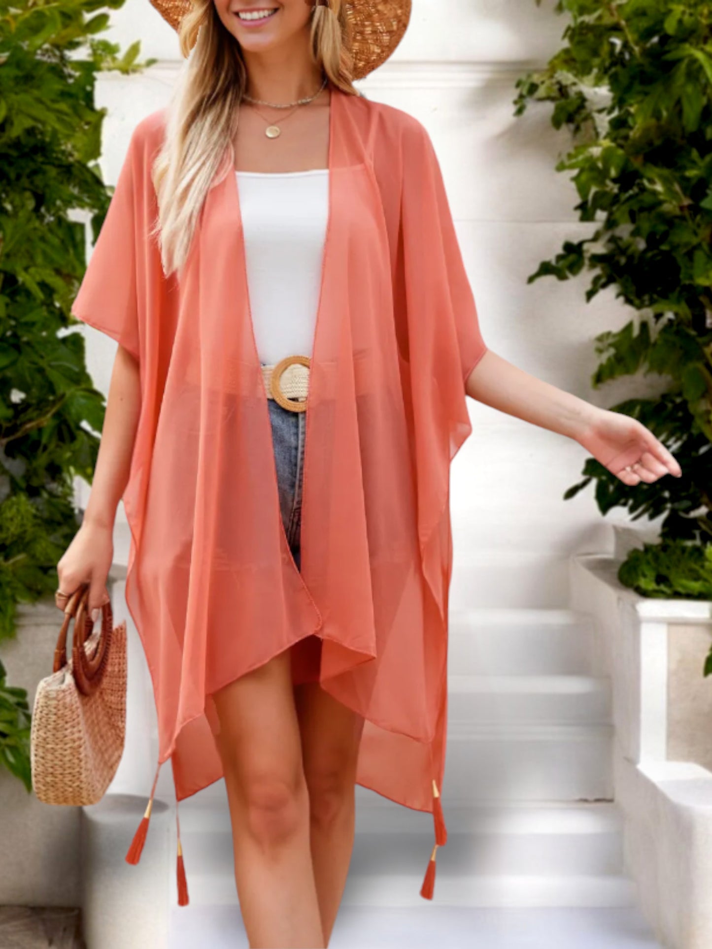 Cárdigan tipo kimono ligero para mujer de Anna-Kaci con aberturas laterales y delanteras abiertas