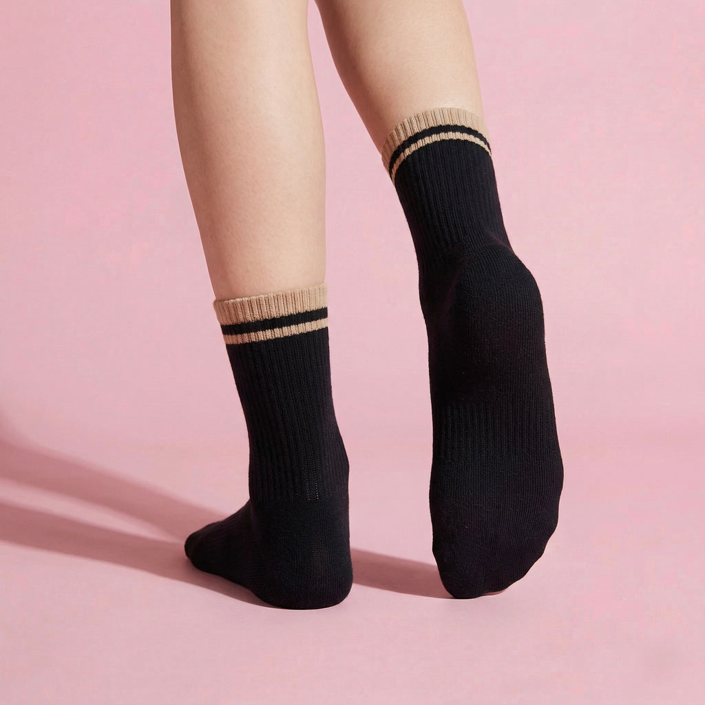 Anna-Kaci Women's 4-Pack Ribbed Crew Socks with Double Stripe Cuff Soft Stretch Fit in Neutral Tones