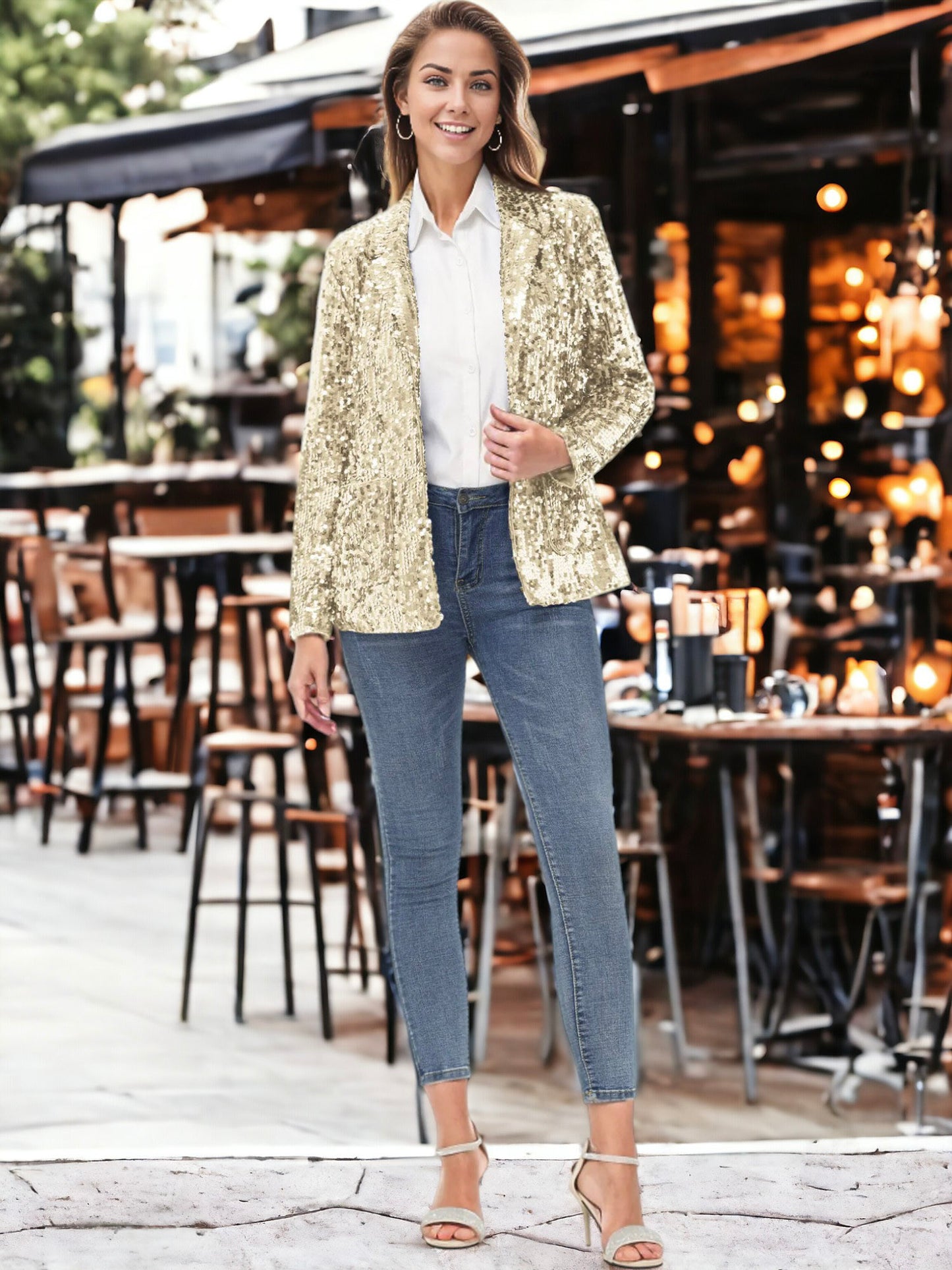 Chaqueta tipo blazer de fiesta con abertura frontal y mangas largas con purpurina